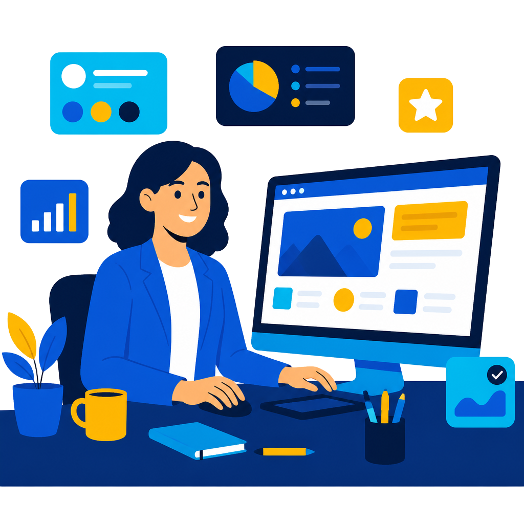 Illustration of a web designer building a website on a desktop computer