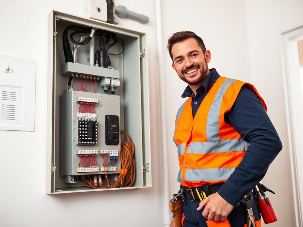 Example website concept for Bright Spark Electrical showing an electrician at a consumer unit