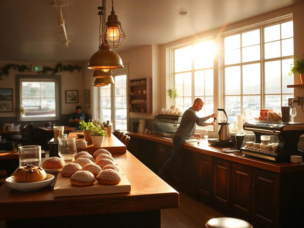 Example website concept for Harbour Lane Café showing a sunlit harbour-side coffee bar