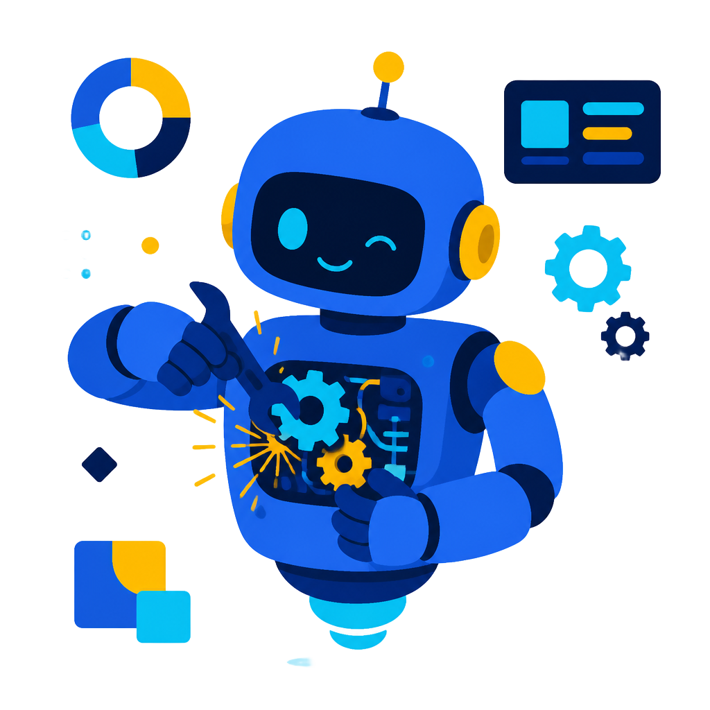 Illustration of a friendly robot repairing itself with a wrench