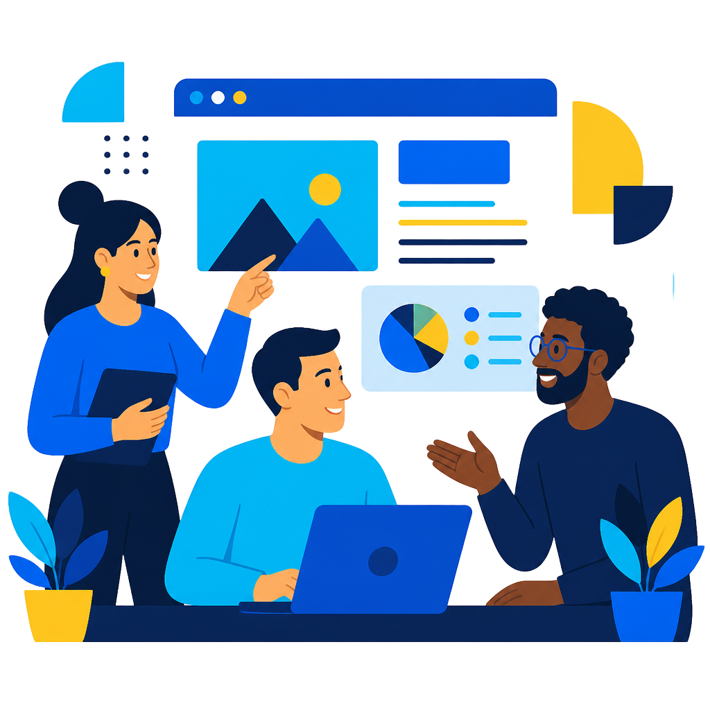 Illustration of a small Blink Web team collaborating on a website design